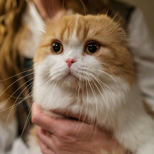 Person holding a fluffy orange and white cat.