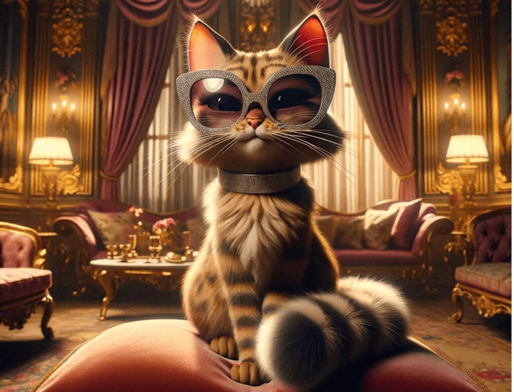 Elegant cat wearing large sunglasses and a diamond collar in a luxurious room.
