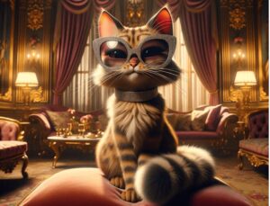 Elegant cat wearing large sunglasses and a diamond collar in a luxurious room.