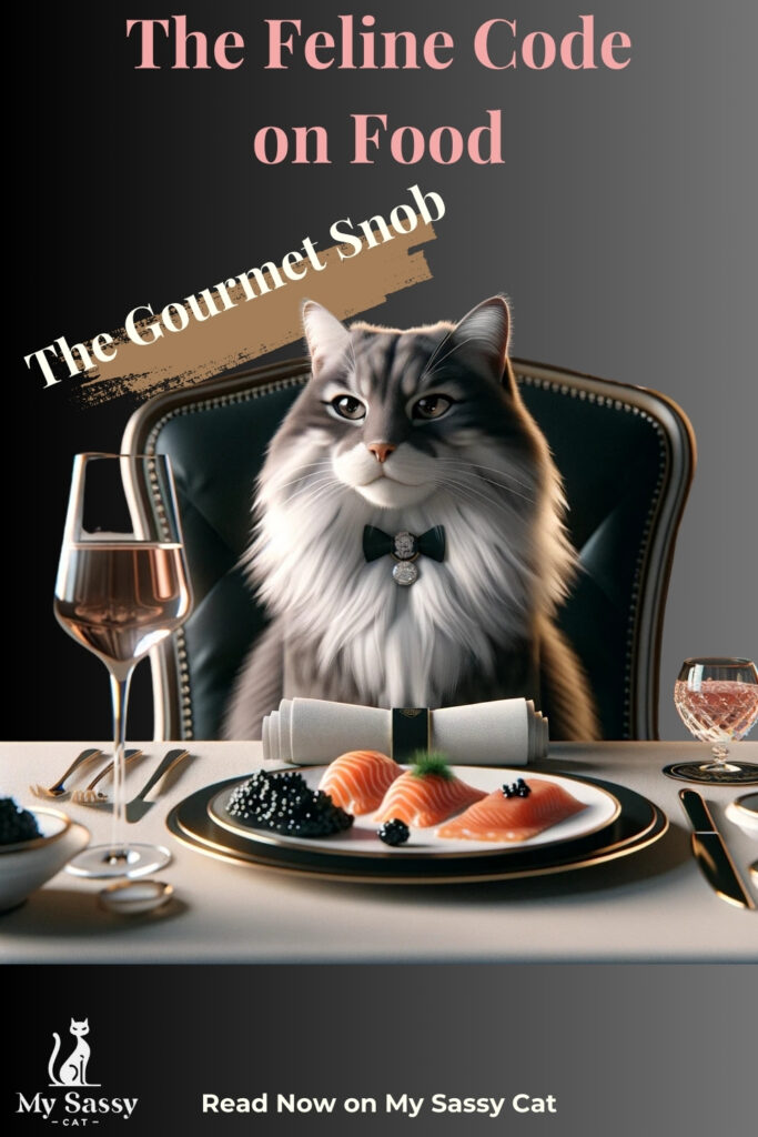 A promotional image for a blog post titled "The Feline Code on Food: The Gourmet Snob" featuring a cat dressed elegantly, sitting at a fine dining table.
