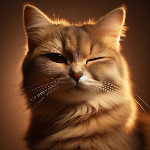 Fluffy cat with golden fur giving a playful wink.