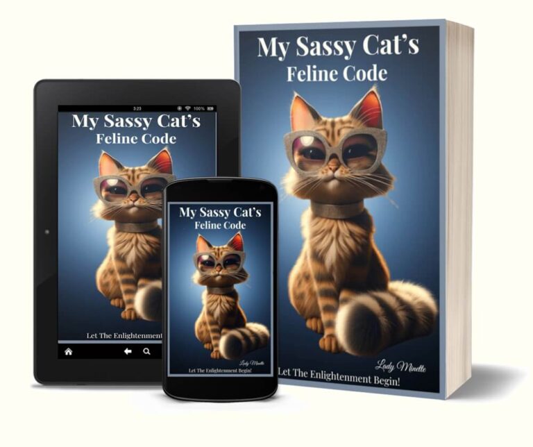 Cover of "My Sassy Cat's Feline Code" by Lady Minette displayed on a tablet, smartphone, and paperback book.