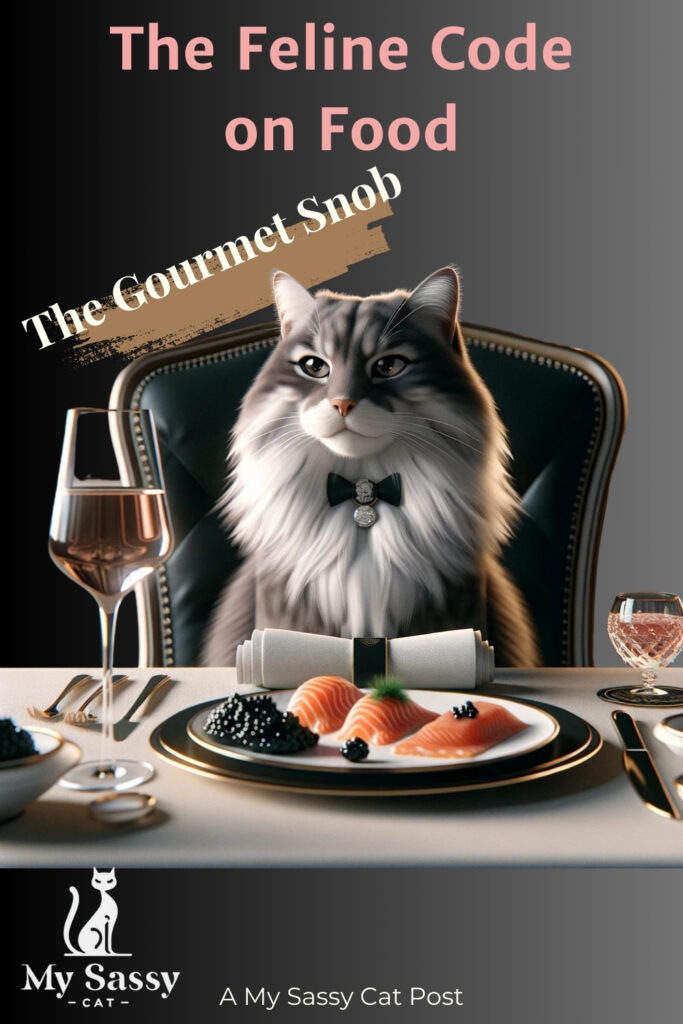 Elegant cat in a bow tie dining on gourmet food, titled "The Feline Code on Food: The Gourmet Snob."