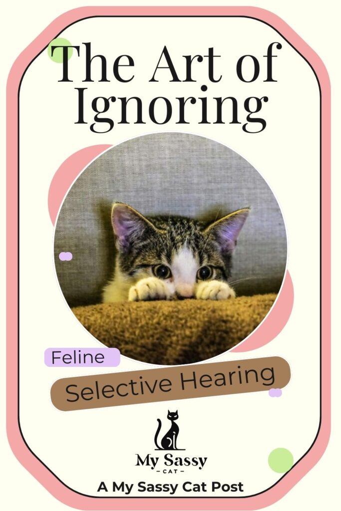 A banner advertising the blog post "The Art of Ignoring - Feline Selective Hearing," featuring a cat peeking over a couch.