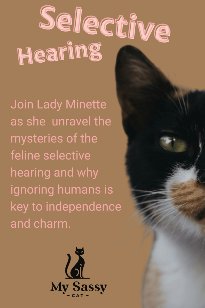Calico cat with green eyes looking into the distance, featuring text about selective hearing.