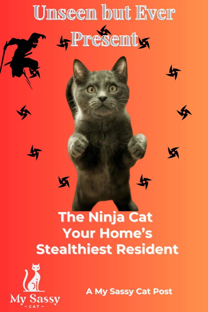 Gray cat in a ninja pose against an orange background with ninja stars and silhouettes.