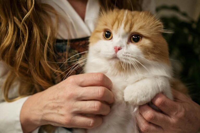 Orange and white cat named Tigger being held gently by a person with long hair.