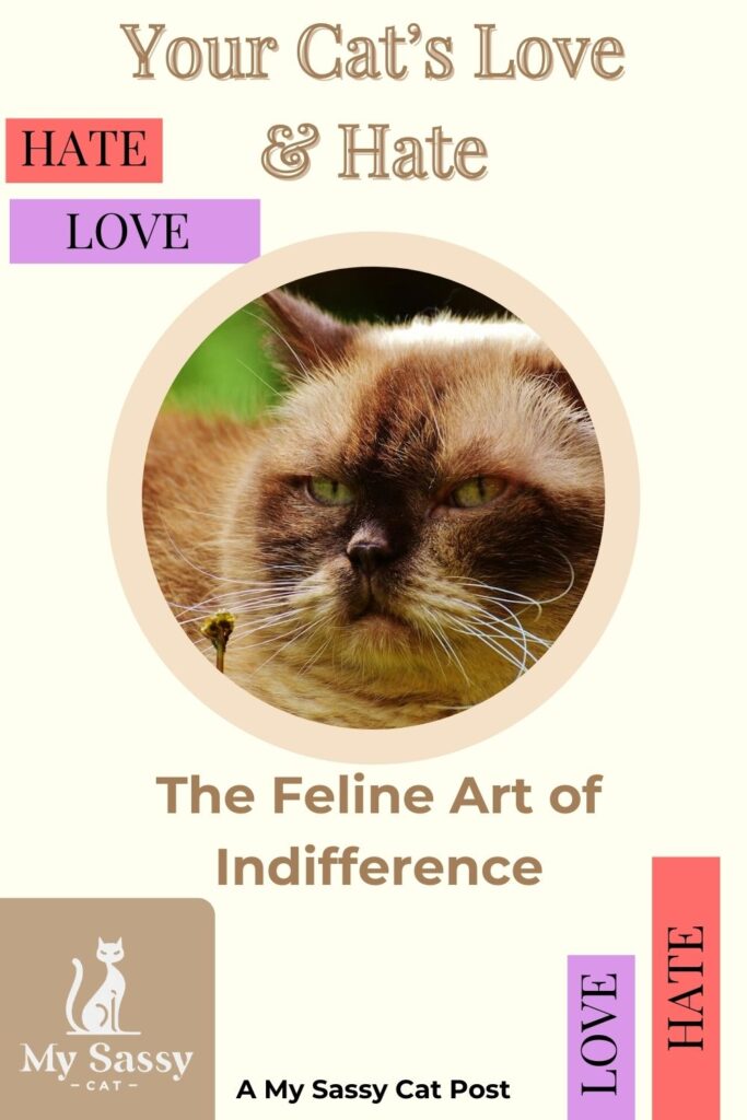 Advertisement for a blog post titled "Your Cat's Love & Hate - The Feline Art of Indifference," featuring a grumpy-looking cat.