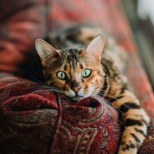 Bengal cat named Dottie lounging on a patterned red cushion with a regal pose.